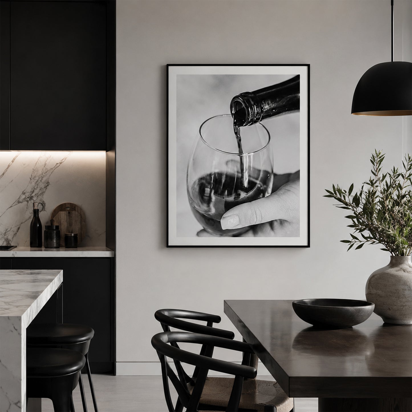 Monochrome Wine Glass Pour in a contemporary style kitchen and dining room
