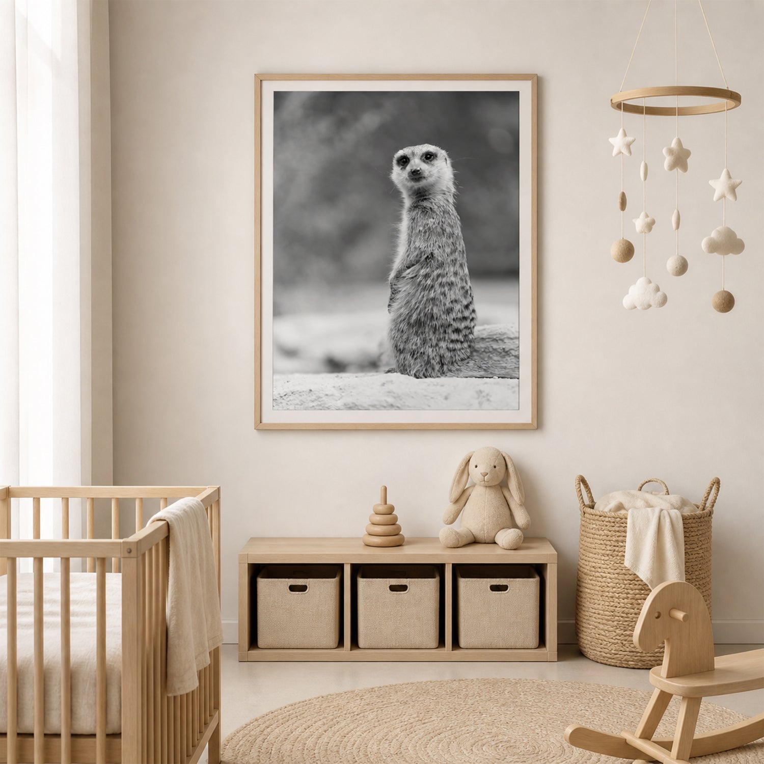 Black and White Meerkat Portrait in a minimalist style nursery