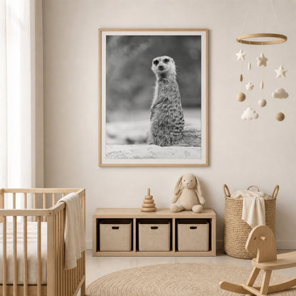 Black and White Meerkat Portrait in a minimalist style nursery
