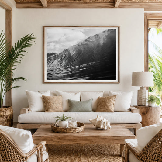 Rolling Ocean Wave Print in a coastal and tropical style living room